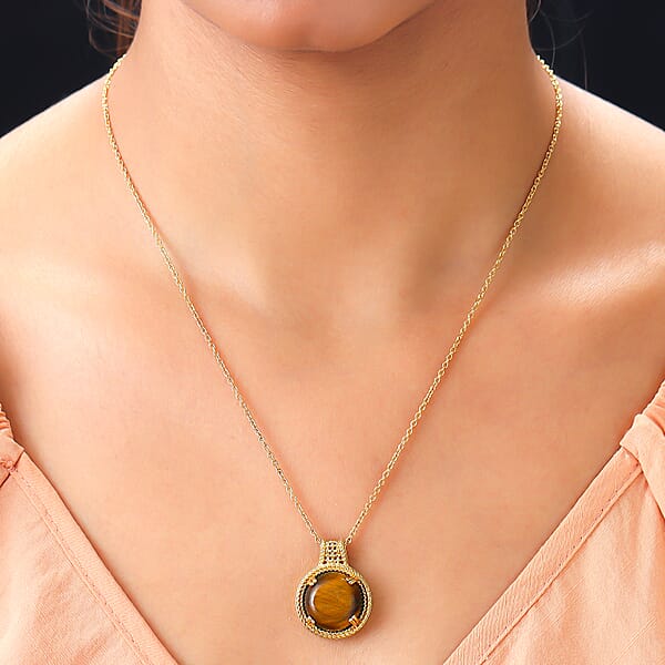 Karis Tiger's Eye 11.50 Ctw Solitaire Pendant Necklace In 18K YG Plated With ION Plated YG Stainless Steel 20 Inches