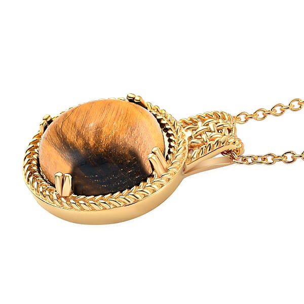 Karis Tiger's Eye 11.50 Ctw Solitaire Pendant Necklace In 18K YG Plated With ION Plated YG Stainless Steel 20 Inches
