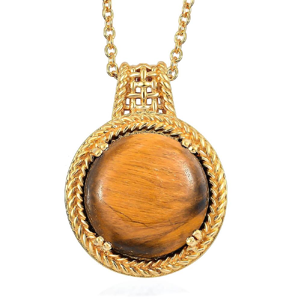 Karis Tiger's Eye 11.50 ctw Solitaire Pendant Necklace in 18K YG Plated with ION Plated YG Stainless Steel 20 Inches
