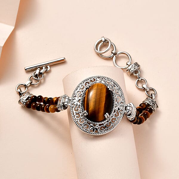 Karis Tiger's Eye 26.00 Ctw Toggle Clasp Bracelet In Platinum Bond & Stainless Steel (6.50 In) With Extender