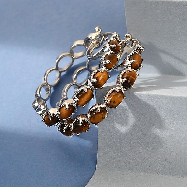 Karis Tiger's Eye 7.35 Ctw Hoop Earrings In Platinum Bond
