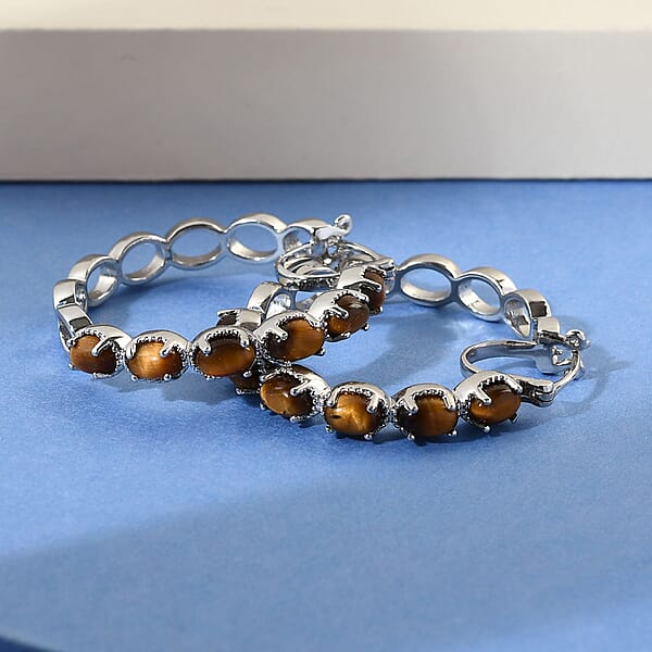 Karis Tiger's Eye 7.35 Ctw Hoop Earrings In Platinum Bond