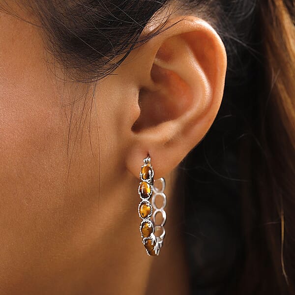 Karis Tiger's Eye 7.35 Ctw Hoop Earrings In Platinum Bond