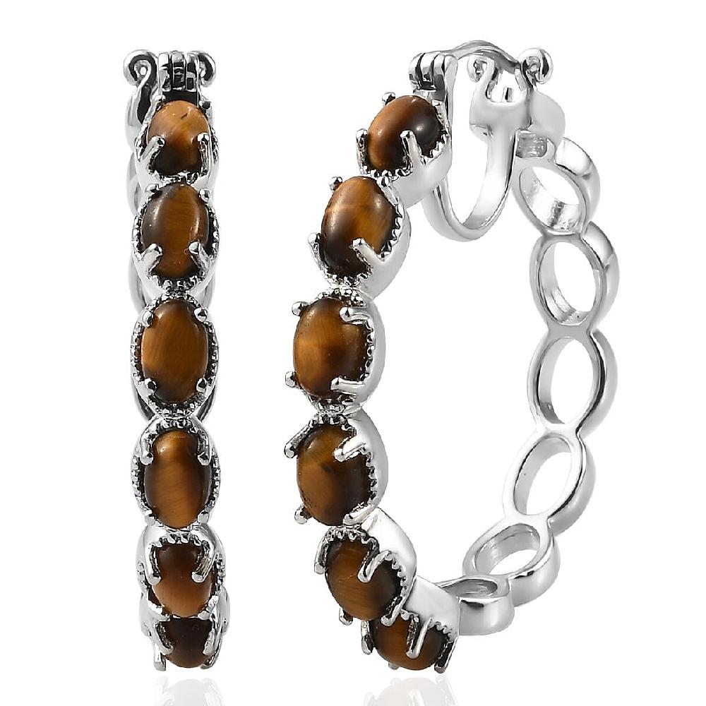 Karis Tiger's Eye 7.35 ctw Hoop Earrings in Platinum Bond