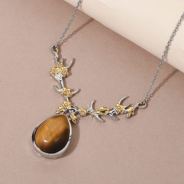 Karis Tiger's Eye Necklace 18 Inches In 18K YG Plated And Platinum Bond 14.65 Ctw