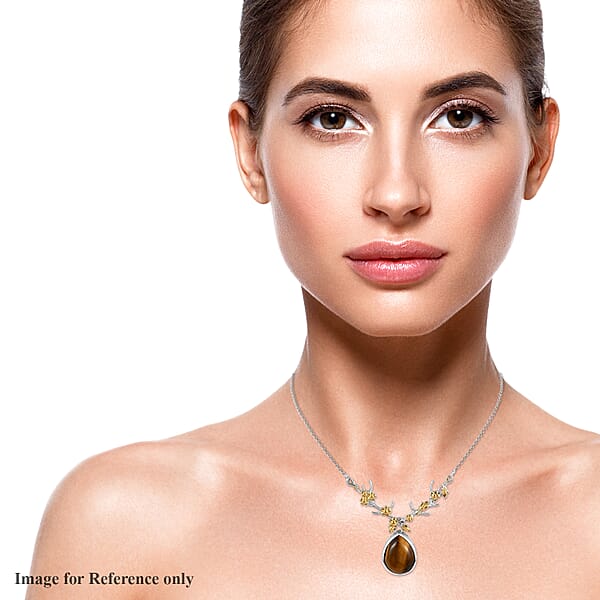 Karis Tiger's Eye Necklace 18 Inches In 18K YG Plated And Platinum Bond 14.65 Ctw