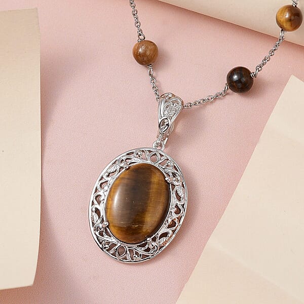 Karis Tiger's Eye Necklace (18 Inches) In Platinum Bond And Stainless Steel 16.75 Ctw Tarnish-Free Waterproof Sweat Proof Jewelry