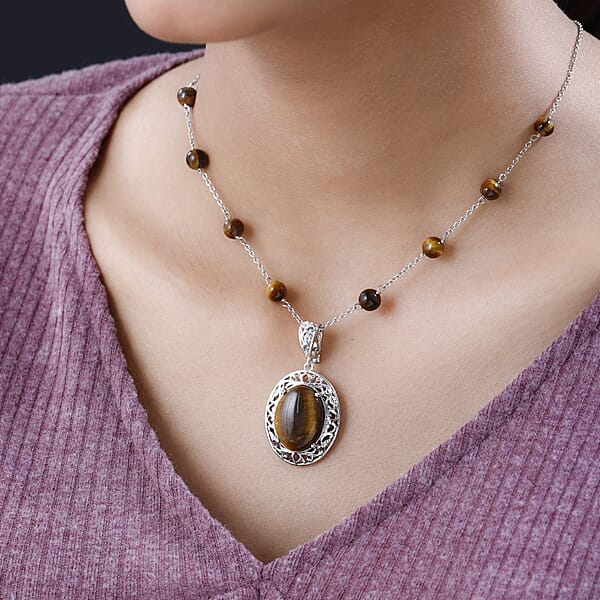 Karis Tiger's Eye Necklace (18 Inches) In Platinum Bond And Stainless Steel 16.75 Ctw Tarnish-Free Waterproof Sweat Proof Jewelry