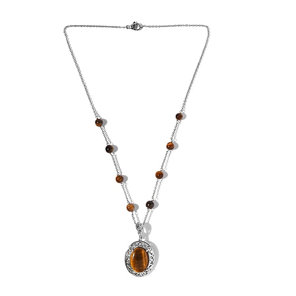 Karis Tiger's Eye Necklace (18 Inches) In Platinum Bond And Stainless Steel 16.75 Ctw Tarnish-Free Waterproof Sweat Proof Jewelry