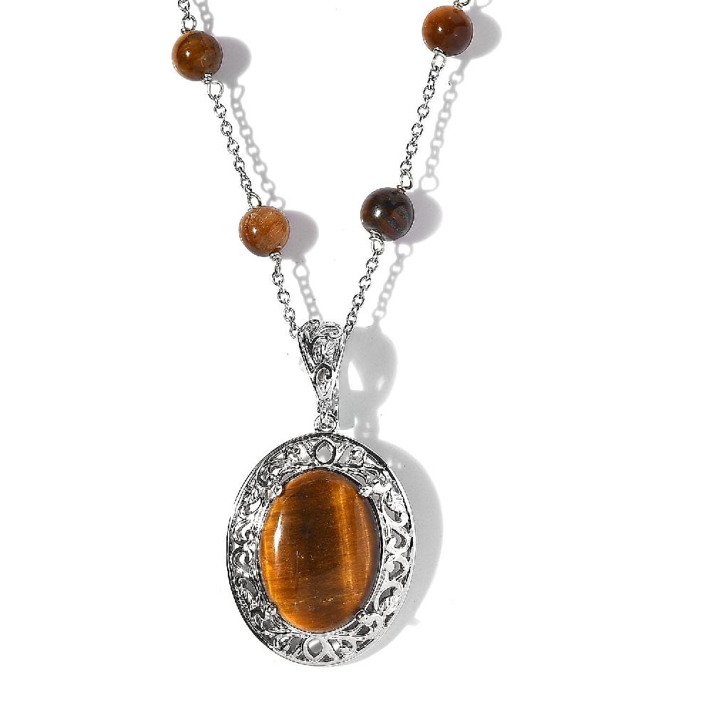 Karis Tiger's Eye Necklace (18 Inches) in Platinum Bond and Stainless Steel 16.75 ctw Tarnish-Free Waterproof Sweat Proof Jewelry