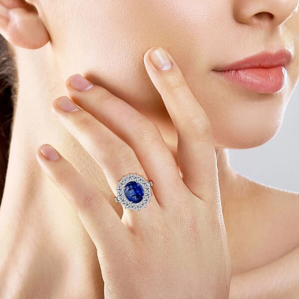 Kashmir Blue Kyanite And White Topaz 6.85 Ctw Midnight Radiance Halo Ring In Rhodium Over Sterling Silver