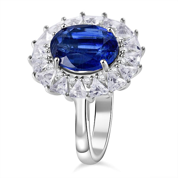 Kashmir Blue Kyanite And White Topaz 6.85 Ctw Midnight Radiance Halo Ring In Rhodium Over Sterling Silver