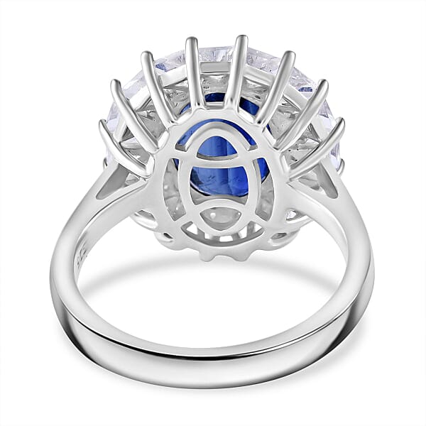 Kashmir Blue Kyanite And White Topaz 6.85 Ctw Midnight Radiance Halo Ring In Rhodium Over Sterling Silver
