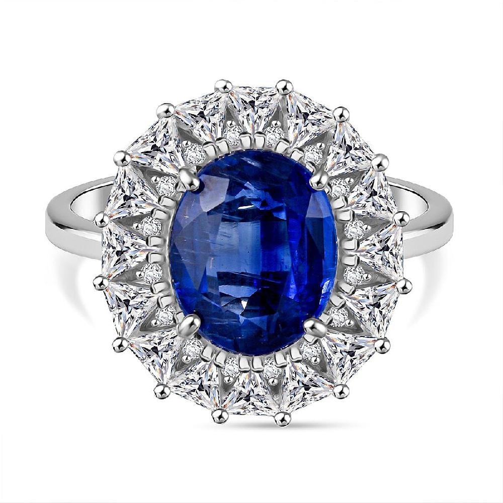 Kashmir Blue Kyanite and White Topaz 6.85 ctw Midnight Radiance Halo Ring in Rhodium Over Sterling Silver
