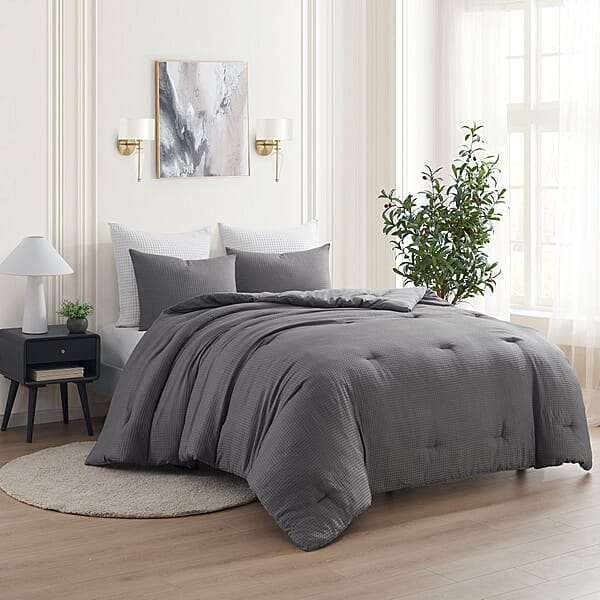 Kathy Ireland 3-Piece Gray Waffle Down Alternative Comforter Set -Queen