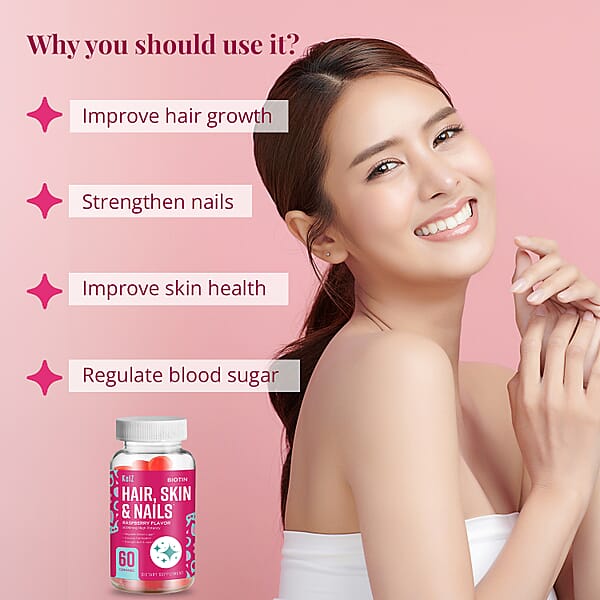 Kelz Biotin Hair Skin & Nails Supplement (Raspberry Flavor) 60 Gummies