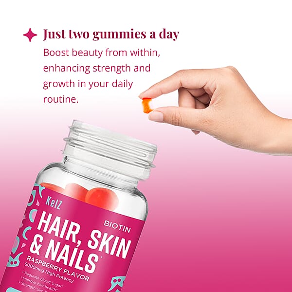 Kelz Biotin Hair Skin & Nails Supplement (Raspberry Flavor) 60 Gummies
