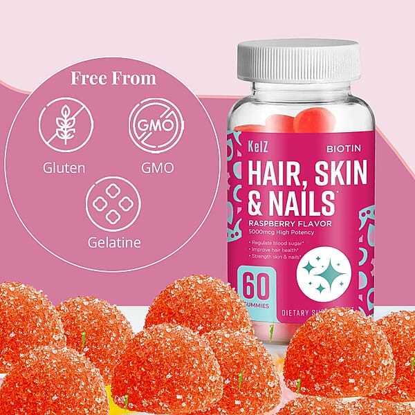 Kelz Biotin Hair Skin & Nails Supplement (Raspberry Flavor) 60 Gummies