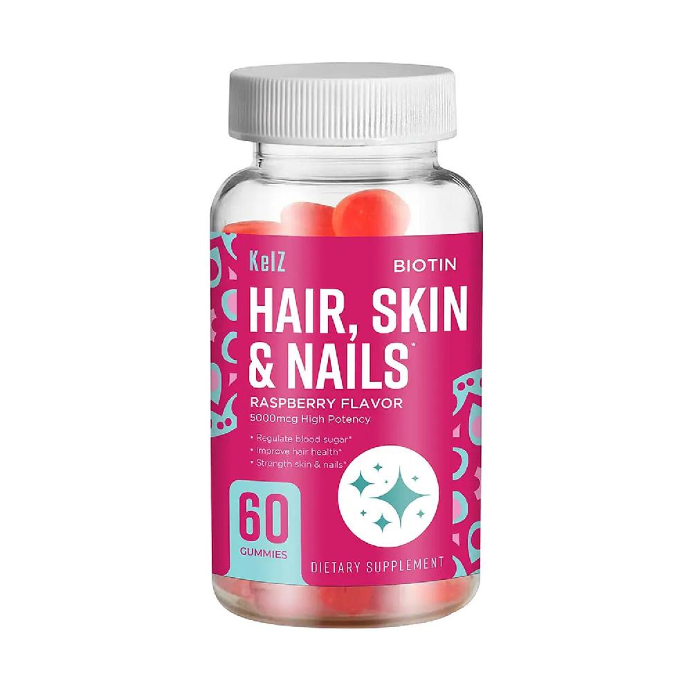 Kelz Biotin Hair Skin & Nails Supplement (Raspberry Flavor) 60 Gummies