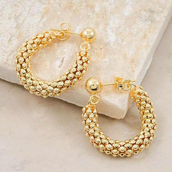 La Bella Italian 14K Yellow Gold Over Sterling Silver Pop Corn Chain Hoop Earrings 6.35 Grams