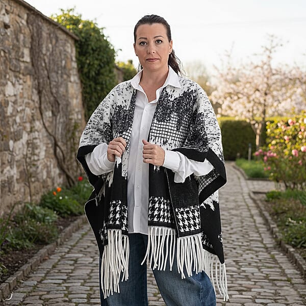 La Marey Beige With Blue Pattern Tassel Poncho