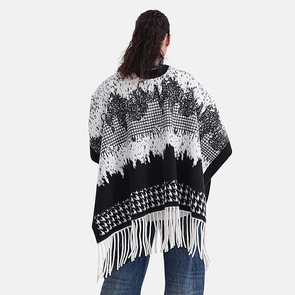 La Marey Beige With Blue Pattern Tassel Poncho