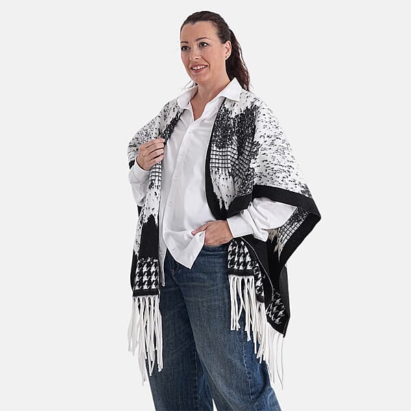 La Marey Beige With Blue Pattern Tassel Poncho
