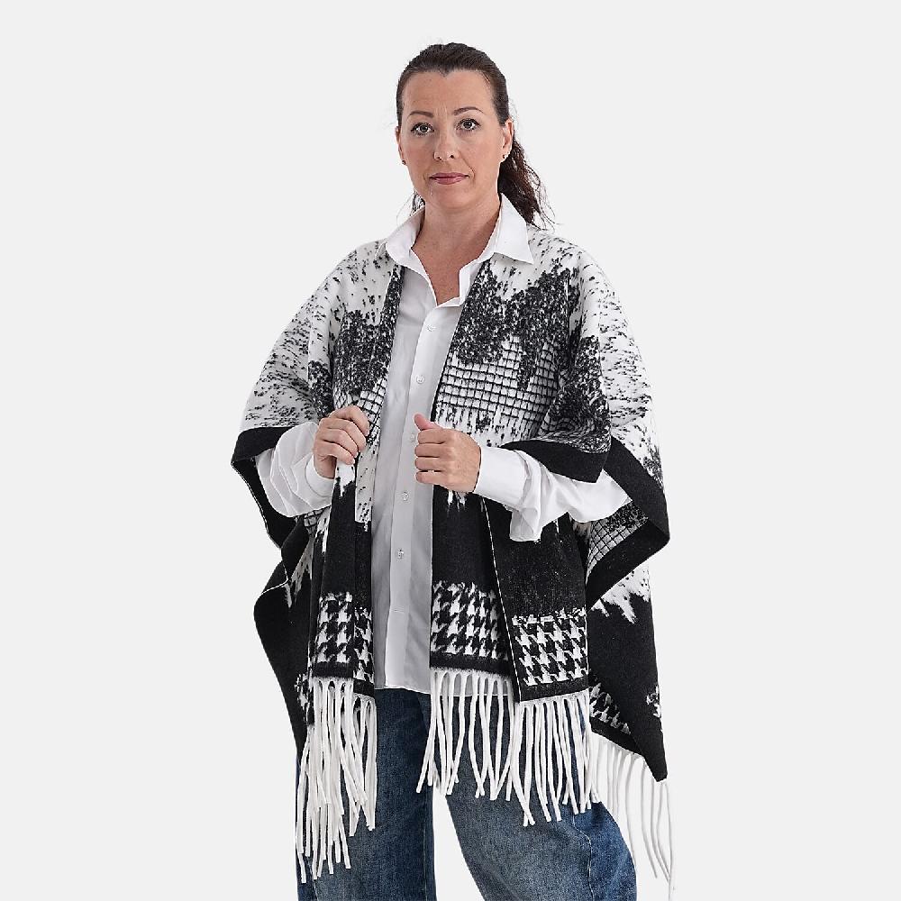 La Marey Beige with Blue Pattern Tassel Poncho