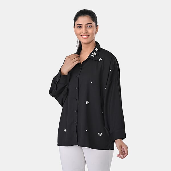 La Marey Black 3/4 Sleeve Blouse With Hand Sewn Jewels - One Size Fits Most