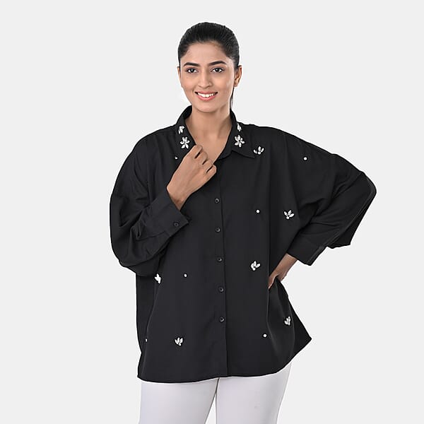 La Marey Black 3/4 Sleeve Blouse With Hand Sewn Jewels - One Size Fits Most