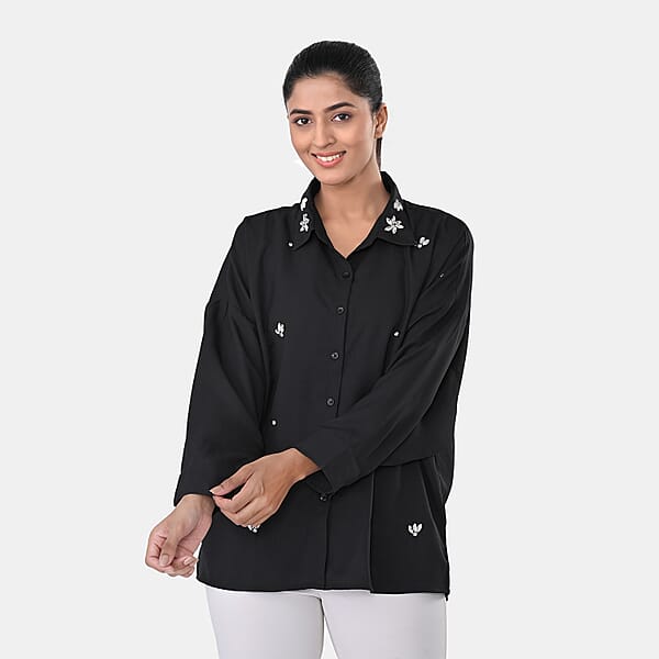 La Marey Black 3/4 Sleeve Blouse With Hand Sewn Jewels - One Size Fits Most