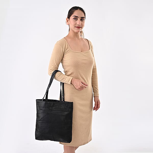 La Marey Black Genuine Leather Handbag With Matching Faux Shoulder Strap