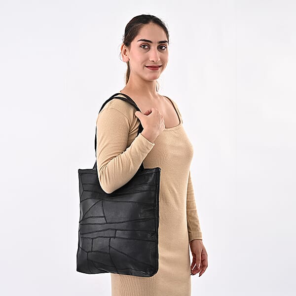 La Marey Black Genuine Leather Handbag With Matching Faux Shoulder Strap