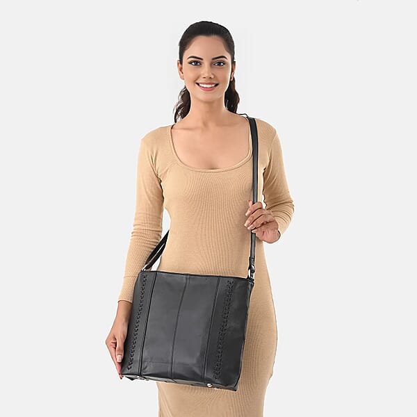 La Marey Black Genuine Leather Shoulder Bag With Faux Leather Strap