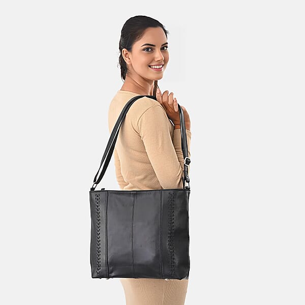 La Marey Black Genuine Leather Shoulder Bag With Faux Leather Strap
