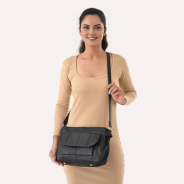 La Marey Black Genuine Leather Shoulder With Faux Leather Strap