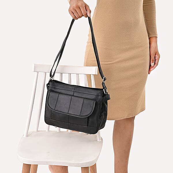 La Marey Black Genuine Leather Shoulder With Faux Leather Strap