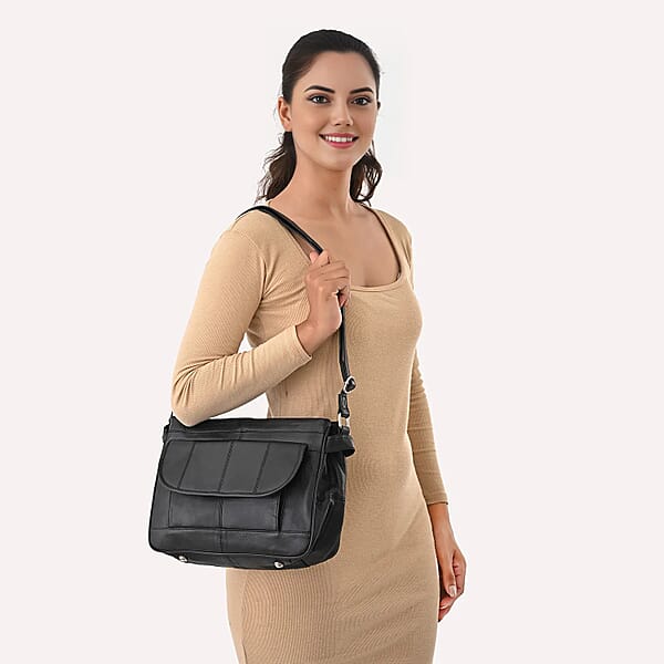 La Marey Black Genuine Leather Shoulder With Faux Leather Strap