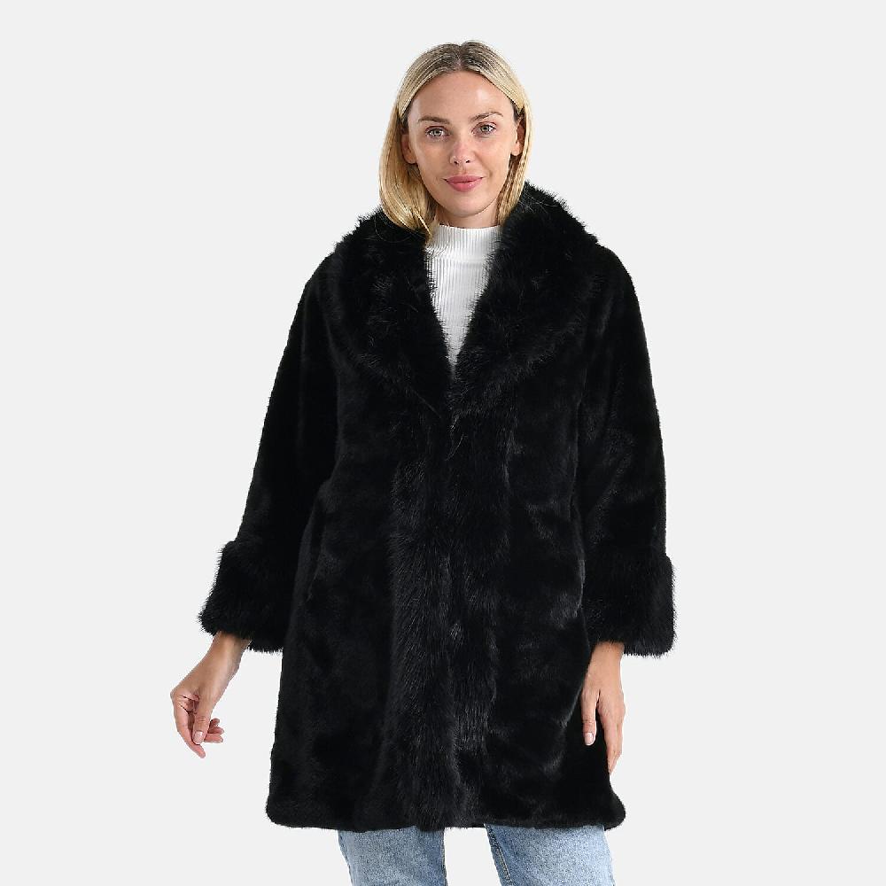 La Marey Black Luxe Faux Fur Trench Jacket -S/M