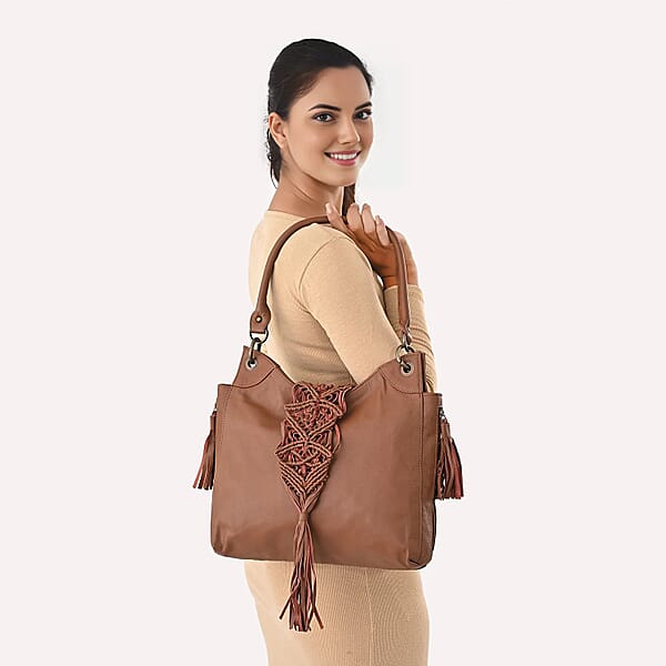 La Marey Brown Genuine Leather Macrame Flap Tote Bag