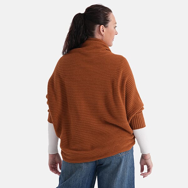 LA MAREY Cognac Floral Embroidered Knit Ruana - One Size Fits Most