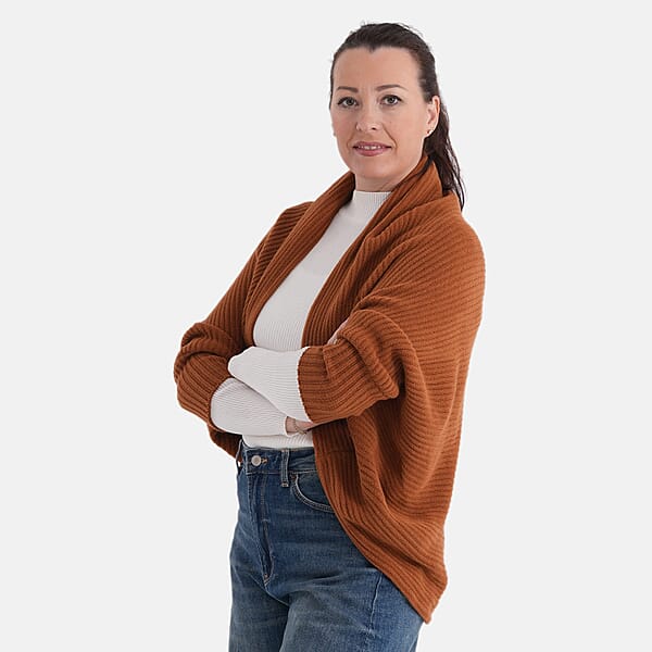 LA MAREY Cognac Floral Embroidered Knit Ruana - One Size Fits Most