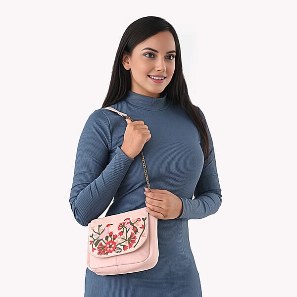 La Marey Light Pink Genuine Leather Sling Bag With Floral Embroidered Flap