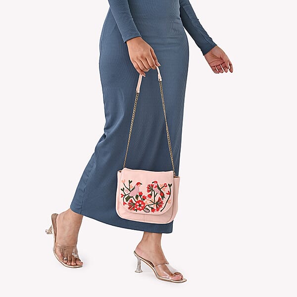 La Marey Light Pink Genuine Leather Sling Bag With Floral Embroidered Flap