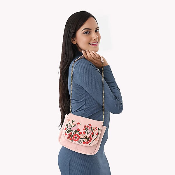 La Marey Light Pink Genuine Leather Sling Bag With Floral Embroidered Flap