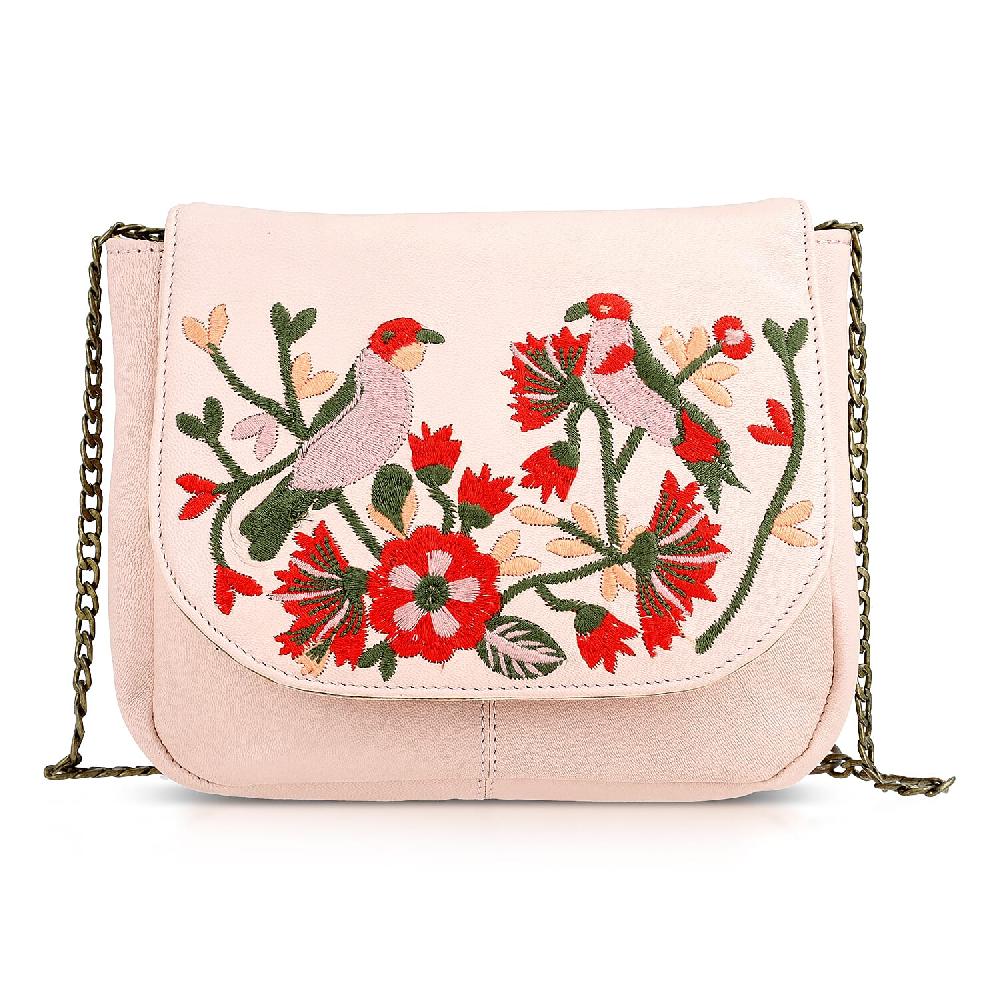 La Marey Light Pink Genuine Leather Sling Bag with Floral Embroidered Flap