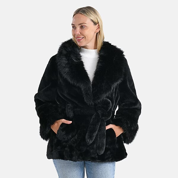 LA MAREY Luxe Faux Fur Belted Jacket With Sueded Interior