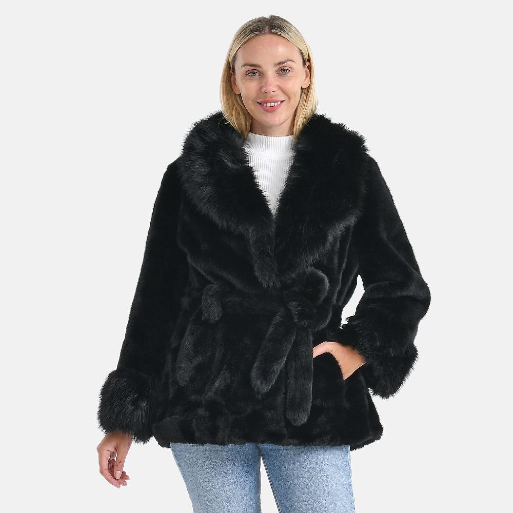 LA MAREY Luxe Faux Fur Belted Jacket with Sueded Interior
