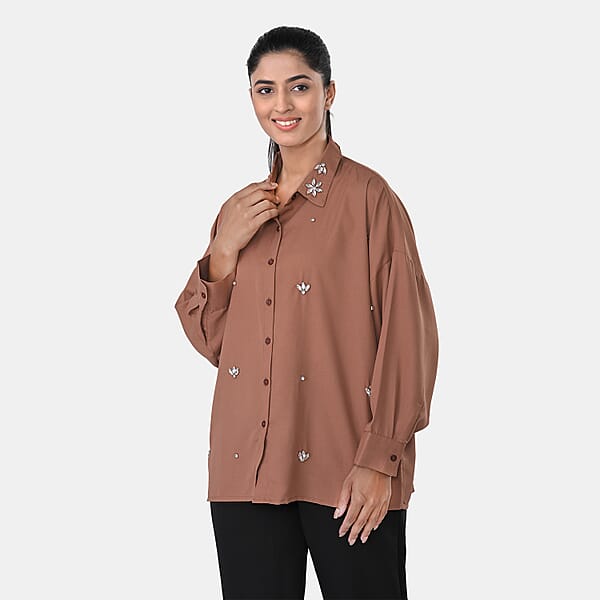 La Marey Mocha 3/4 Sleeve Blouse With Hand Sewn Jewels - One Size Fits Most