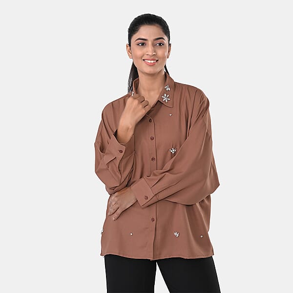 La Marey Mocha 3/4 Sleeve Blouse With Hand Sewn Jewels - One Size Fits Most
